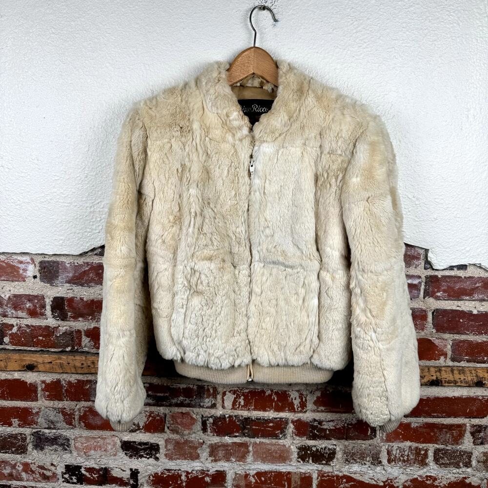 Vintage Dino Ricco Coat Size Small Tan Genuine Rabbit Fur Zip Up Jacket 90s